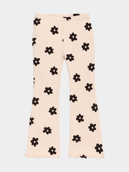 Girls' Beige & Black Daisy Ribbed Flared Pants - Childrengoods