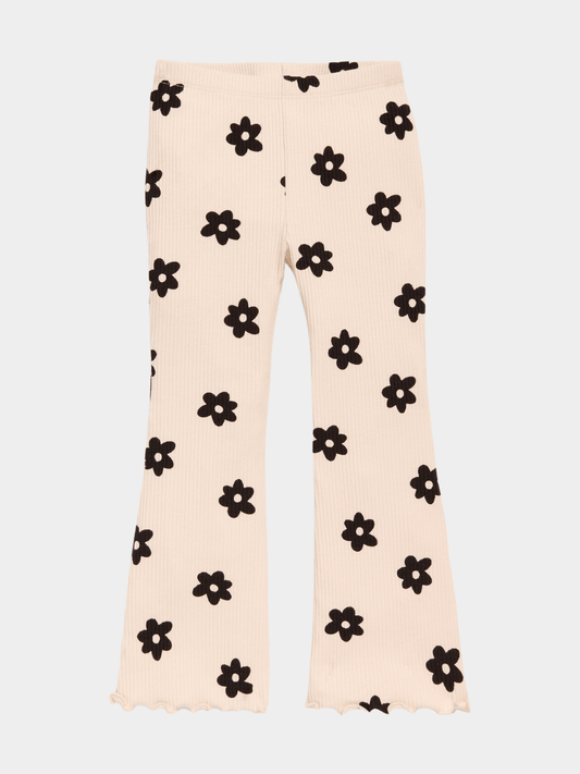 Girls' Beige & Black Daisy Ribbed Flared Pants - Childrengoods