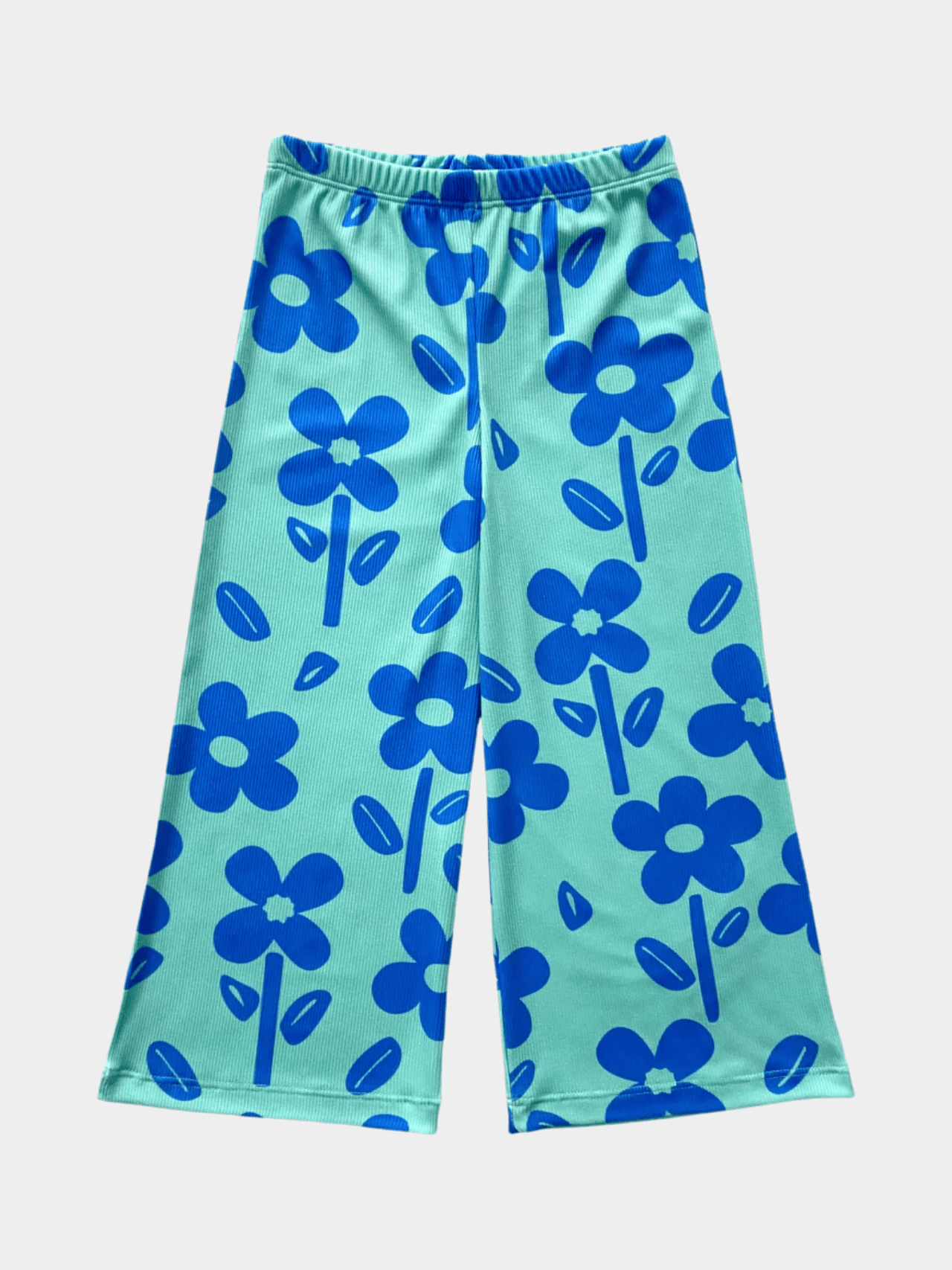 Girls' Blue Floral Print Ribbed Wide Leg Pants - Childrengoods