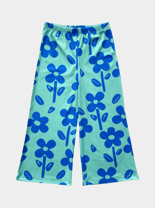 Girls' Blue Floral Print Ribbed Wide Leg Pants - Childrengoods
