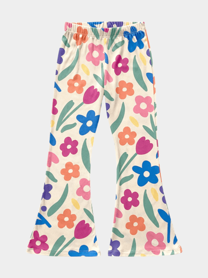 Girls' Colorful Floral Print Ribbed Flared Pants - Childrengoods