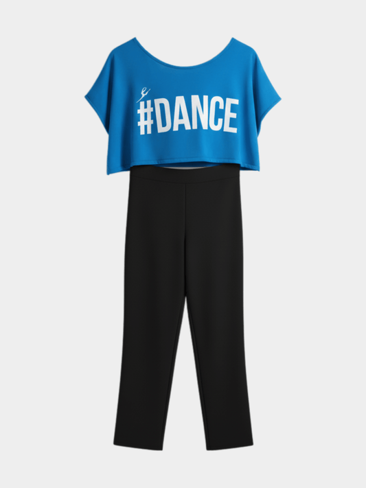 Girls' "DANCE" Crop Top & Capri Set - Blue Oversized Tee and Black Biker Shorts Outfit - Childrengoods