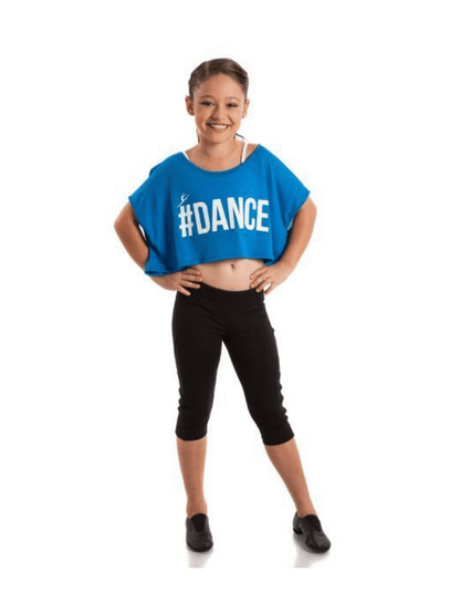 Girls' "DANCE" Crop Top & Capri Set - Blue Oversized Tee and Black Biker Shorts Outfit - Childrengoods
