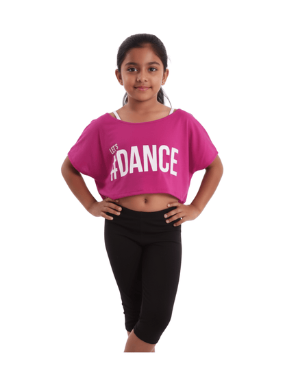 Girls' "Let's Dance" Crop Top & Capri Set - Fuchsia Knit Tee and Black Biker Shorts Outfit - Childrengoods