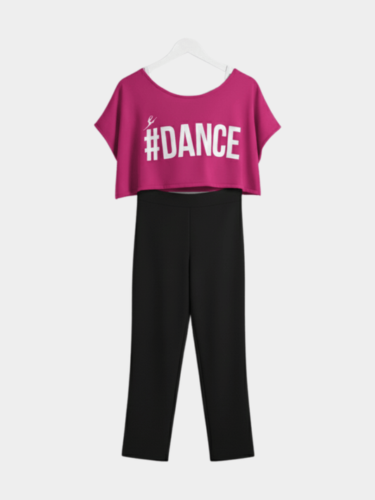 Girls' "Let's Dance" Crop Top & Capri Set - Fuchsia Knit Tee and Black Biker Shorts Outfit - Childrengoods