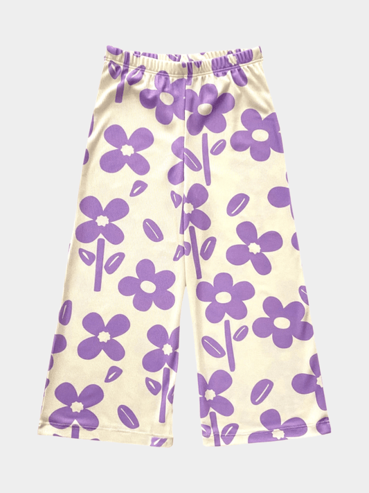 Girls' Lilac Floral Print Ribbed Wide Leg Pants - Childrengoods
