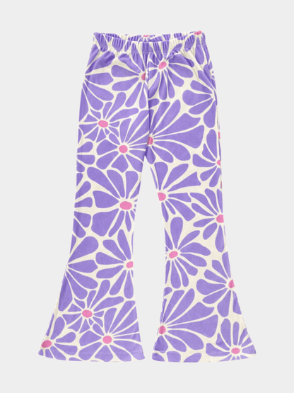 Girls' Lilac Retro Daisy Print Ribbed Flared Pants - Childrengoods