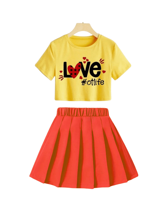 Girls' "Love" Crop Top & Pleated Skirt Set - Yellow Graphic Tee & Red Mini Skirt Outfit - Childrengoods