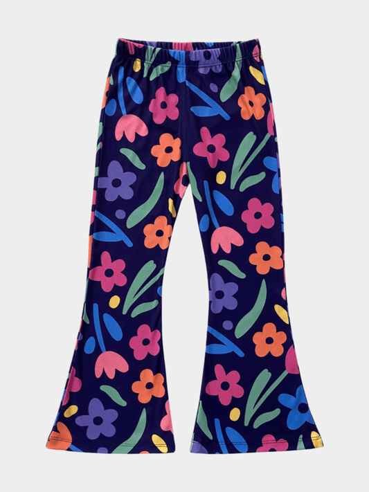 Girls' Navy Blue Floral Print Ribbed Flared Pants - Childrengoods
