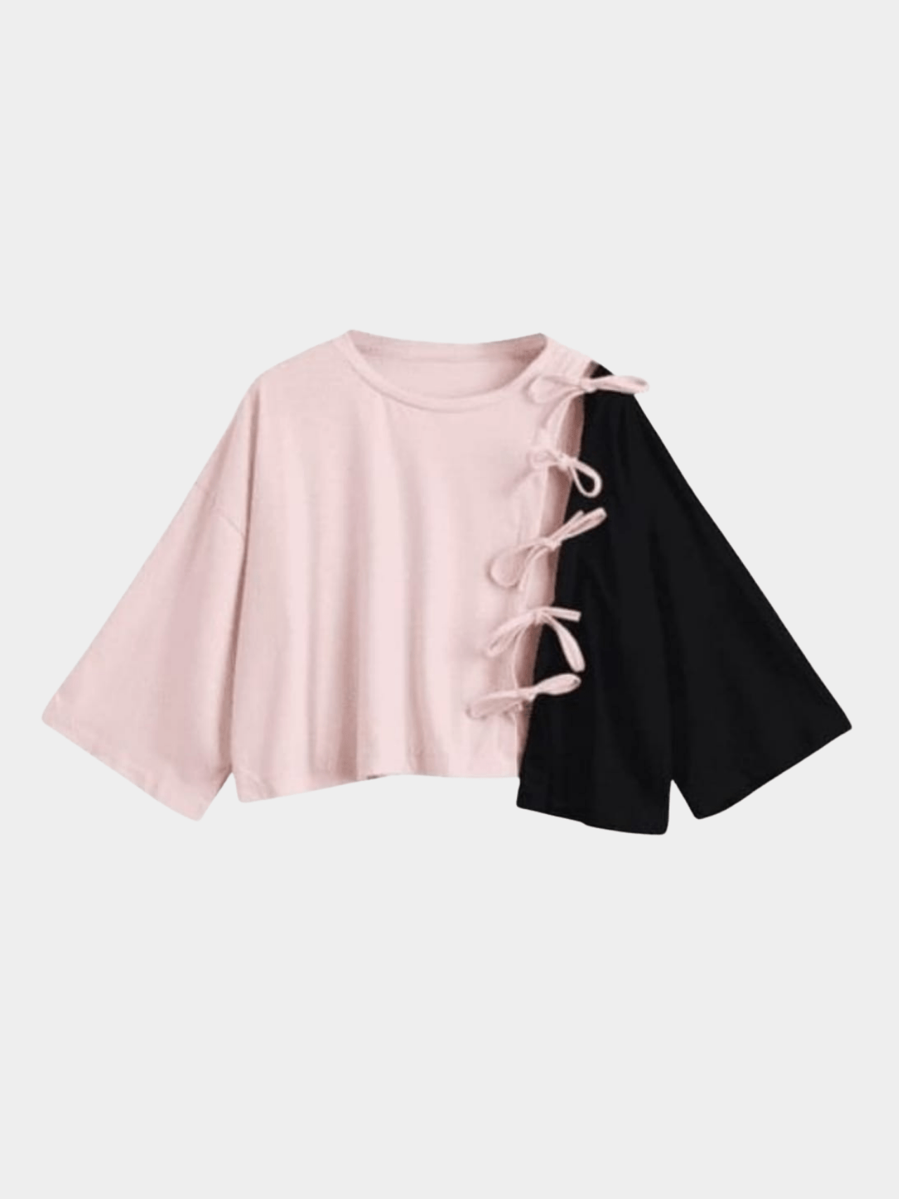 Girls' Pink & Black Color - Block Bow - Tie Top - Open Shoulder Wide Sleeve Knit Tee - Childrengoods
