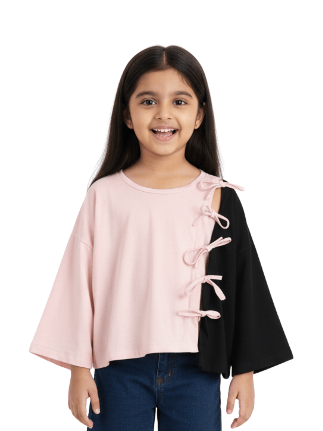 Girls' Pink & Black Color - Block Bow - Tie Top - Open Shoulder Wide Sleeve Knit Tee - Childrengoods