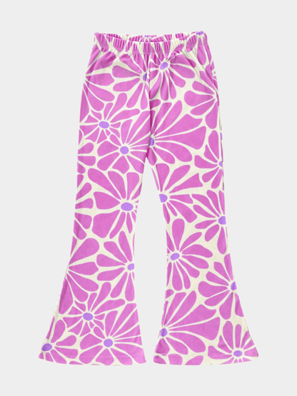Girls' Pink & Purple Retro Daisy Print Ribbed Flared Pants - Childrengoods