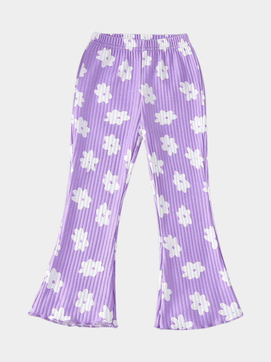 Girls Purple Floral Print Ribbed Flared Lounge Pants - Childrengoods