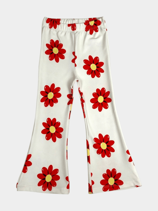 Girls' Red Daisy Print Ribbed Flared Pants - Childrengoods