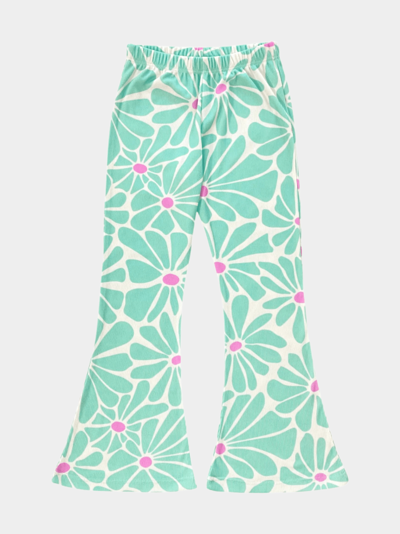 Girls' Retro Daisy Print Ribbed Flared Pants - Childrengoods