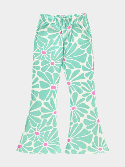 Girls' Retro Daisy Print Ribbed Flared Pants - Childrengoods