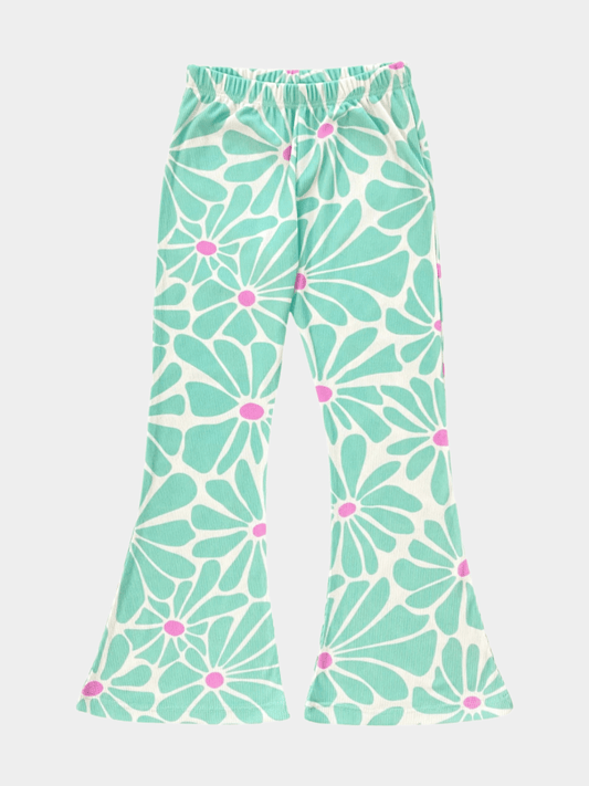 Girls' Retro Daisy Print Ribbed Flared Pants - Childrengoods