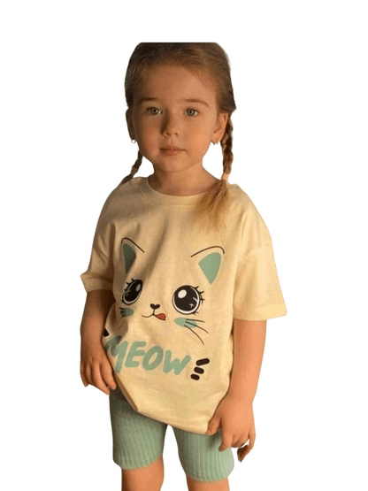 Kids Meow Printed T-shirt Set - Childrengoods