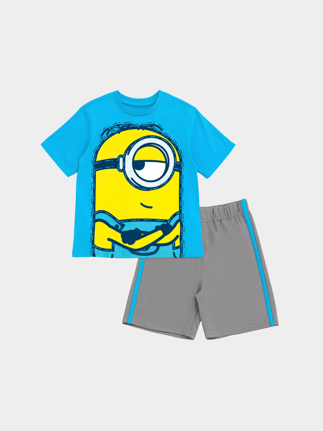 Kids Minion Graphic T-Shirt & Knit Shorts Set - Blue/Grey - Childrengoods