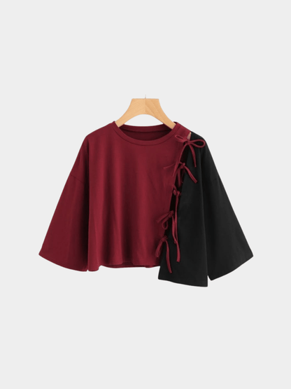 Maroon & Black Lace - Up Side T-Shirt | Girls' Asymmetrical Cropped Tee - Childrengoods