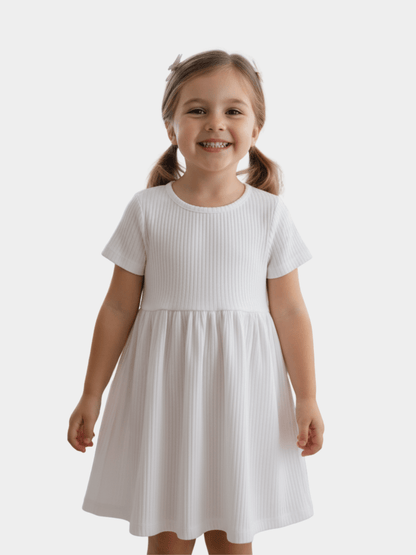 Plain White Ribbed Cotton Frock for Girls - Childrengoods