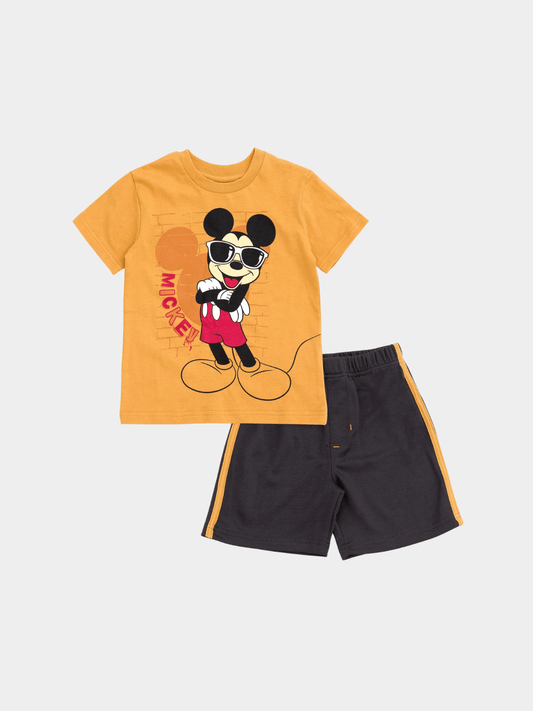 Title: Boys' Cool Mickey Mouse T-Shirt & Striped Shorts Set - Mustard & Grey - Childrengoods