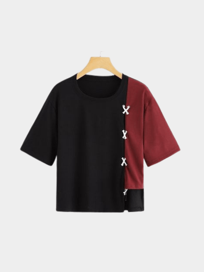 Two - Tone Color Block Crop Top | Girls' Short Sleeve Cross - Stitch Detail Tee - Childrengoods