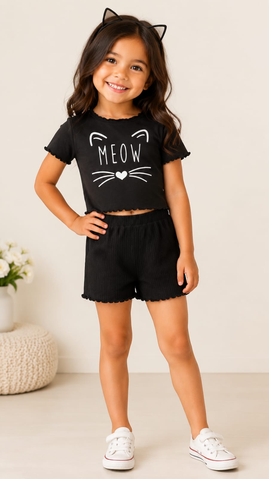 Kids Meow Print T-Shirt & Shorts Set